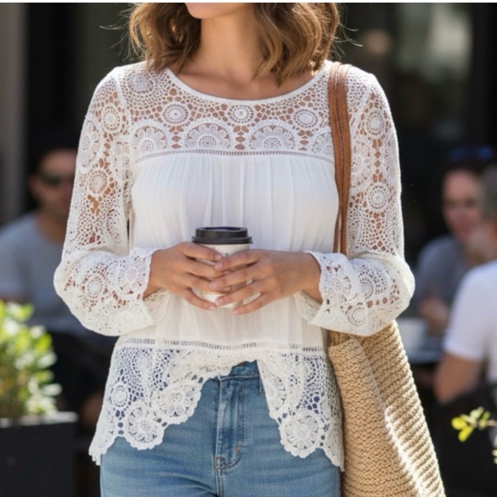 VIVID IMPORTERS boho romantic crochet top size L cottagecore feminine shirt.